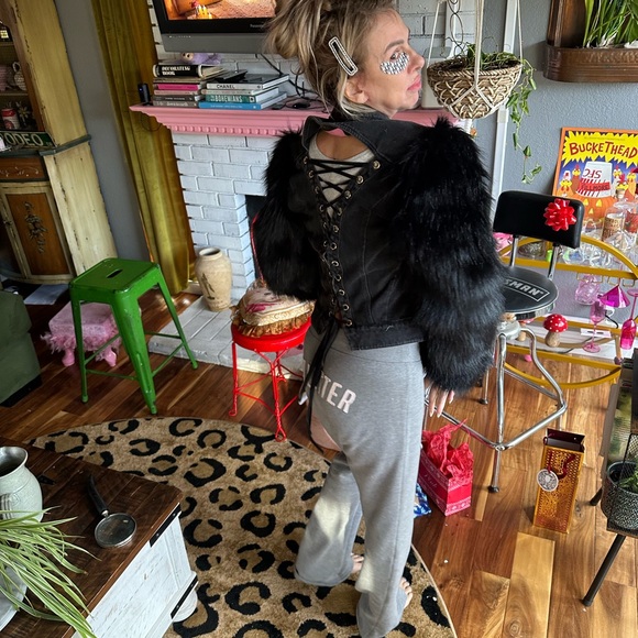 Black Denim Jacket with lace up Faux Fur Sleeves M - Picture 10 of 12